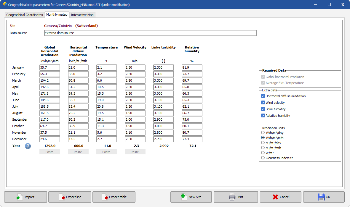 Interface to manually add monthly weather data at site creation.